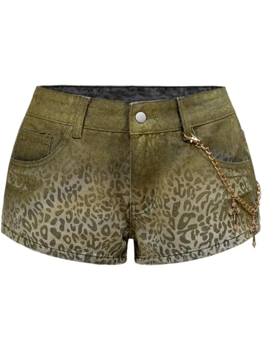 Leopard Print Denim Mini Shorts for Women | Low Rise Y2K Style with Chain Detail